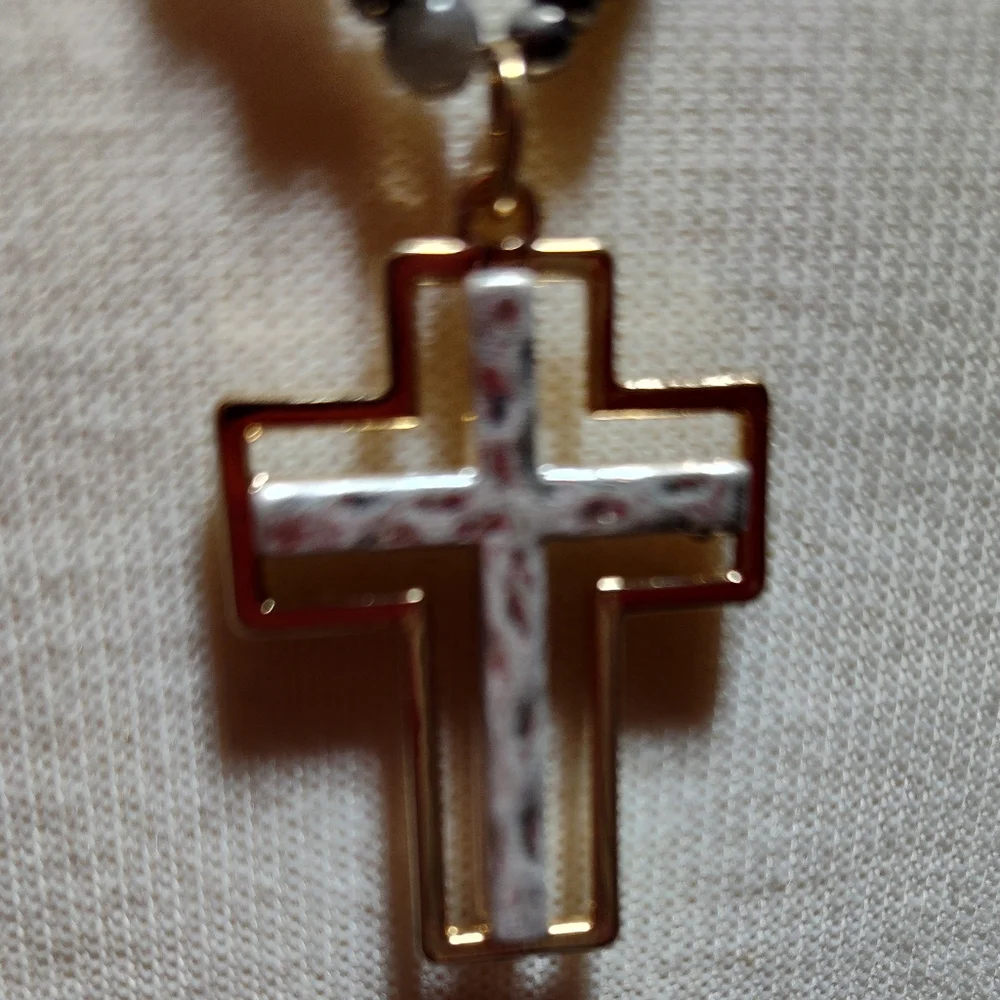Long Gold and Silver Cross Black Beaded Necklace Winter Sweater Perfect NWOT